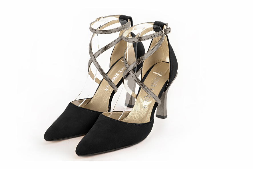Matt black and taupe brown women's open side shoes, with crossed straps. Tapered toe. Very high spool heels. Front view - Florence KOOIJMAN