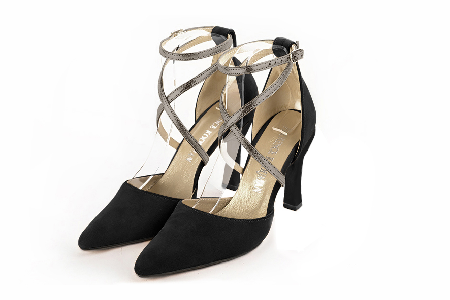 Dress heels closed-back crossed straps in matt black and taupe brown leather with high spool heels and tapered toe - Front view