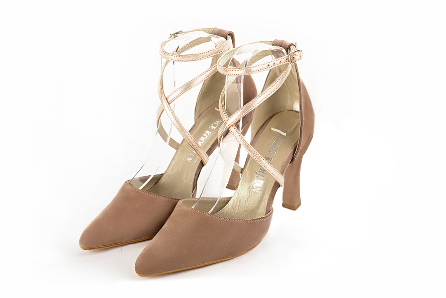 Handcrafted women's comfortable and elegant closed-back heels, with crossed straps in premium biscuit beige and gold leather. High spool heels. Tapered toe. Perfect for women's wedding guest heels, or elevated everyday style. 
                Choose from our luxurious collections of leather and fabric to perfectly match your heels to your outfits.