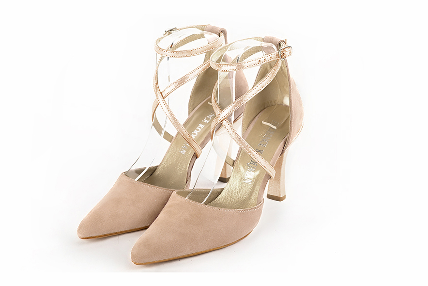 Biscuit beige and gold women's open side shoes, with crossed straps. Tapered toe. Very high spool heels. Front view - Florence KOOIJMAN