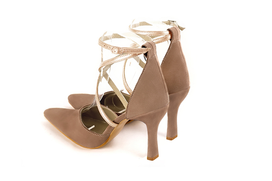 Dress heels closed-back crossed straps in biscuit beige and gold leather with high spool heels and tapered toe - Rear view