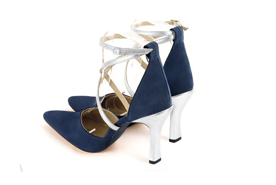 Navy blue and light silver women's open side shoes, with crossed straps. Tapered toe. Very high spool heels. Rear view - Florence KOOIJMAN