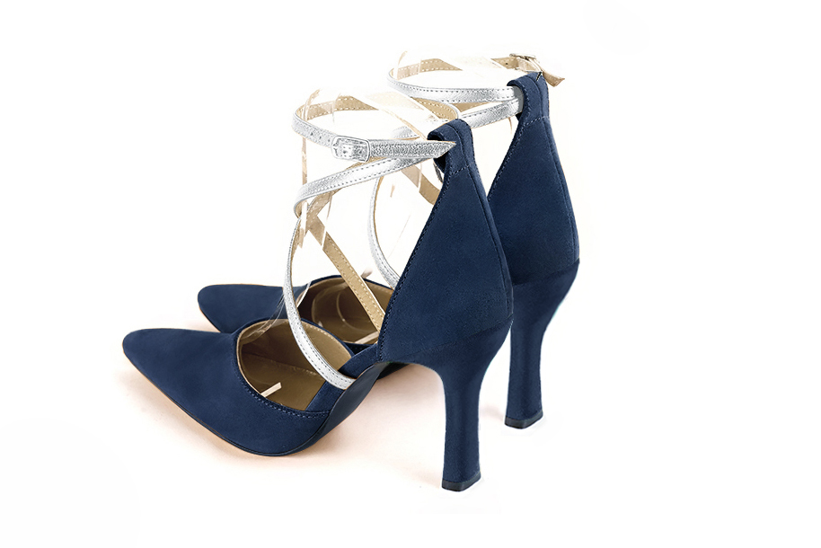 Dress heels closed-back crossed straps in navy blue and silver leather with high spool heels and tapered toe - Rear view