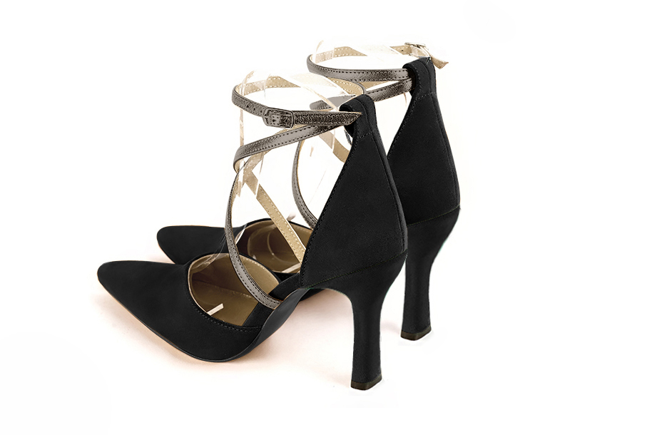 Dress heels closed-back crossed straps in matt black and taupe brown leather with high spool heels and tapered toe - Rear view