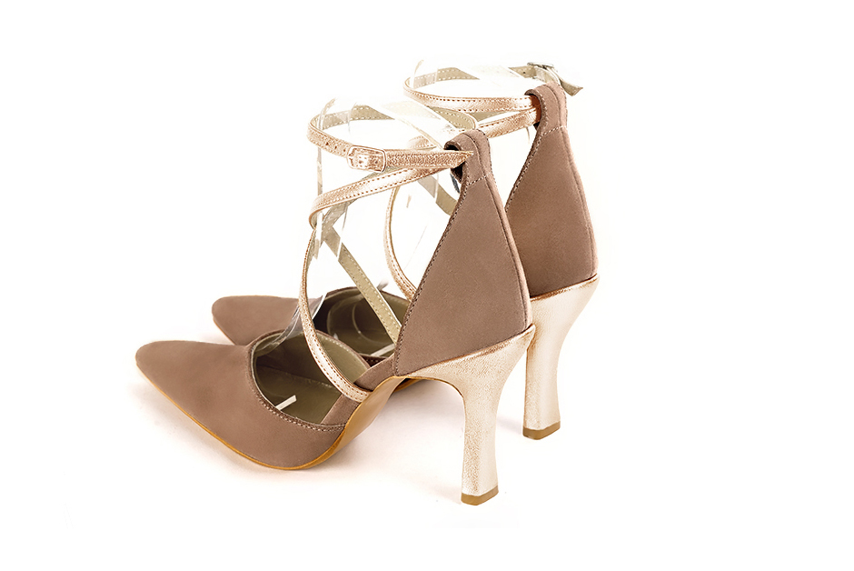 Biscuit beige and gold women's open side shoes, with crossed straps. Tapered toe. Very high spool heels. Rear view - Florence KOOIJMAN