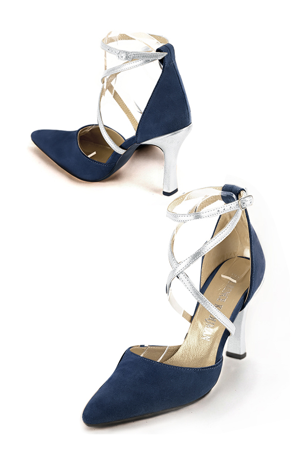 Navy blue and light silver women's open side shoes, with crossed straps. Tapered toe. Very high spool heels. Top view - Florence KOOIJMAN