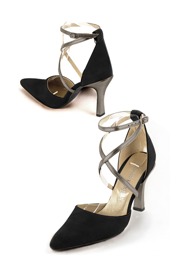 Matt black and taupe brown women's open side shoes, with crossed straps. Tapered toe. Very high spool heels. Top view - Florence KOOIJMAN