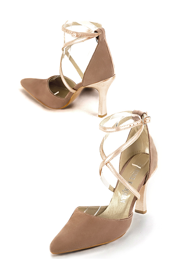 Biscuit beige and gold women's open side shoes, with crossed straps. Tapered toe. Very high spool heels. Top view - Florence KOOIJMAN
