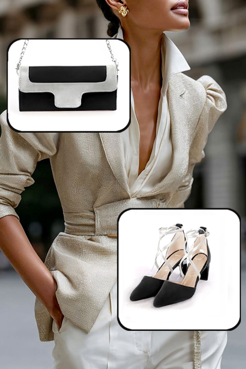 Dress heels closed-back crossed straps in matt black and silver leather with medium comma heels and tapered toe - Worn view