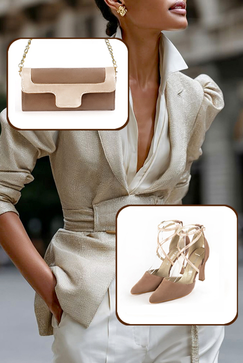 Dress heels closed-back crossed straps in biscuit beige and gold leather with high spool heels and tapered toe - Top view