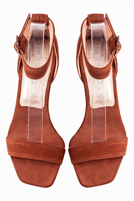 Terracotta orange women's closed back sandals, with a strap around the ankle. Square toe. Medium comma heels. Top view - Florence KOOIJMAN