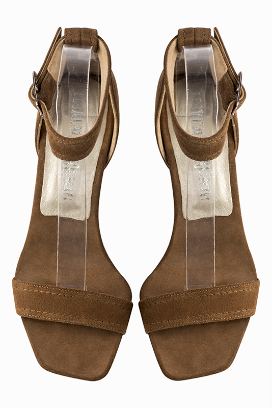 Caramel brown women's closed back sandals, with a strap around the ankle. Square toe. Medium comma heels. Top view - Florence KOOIJMAN