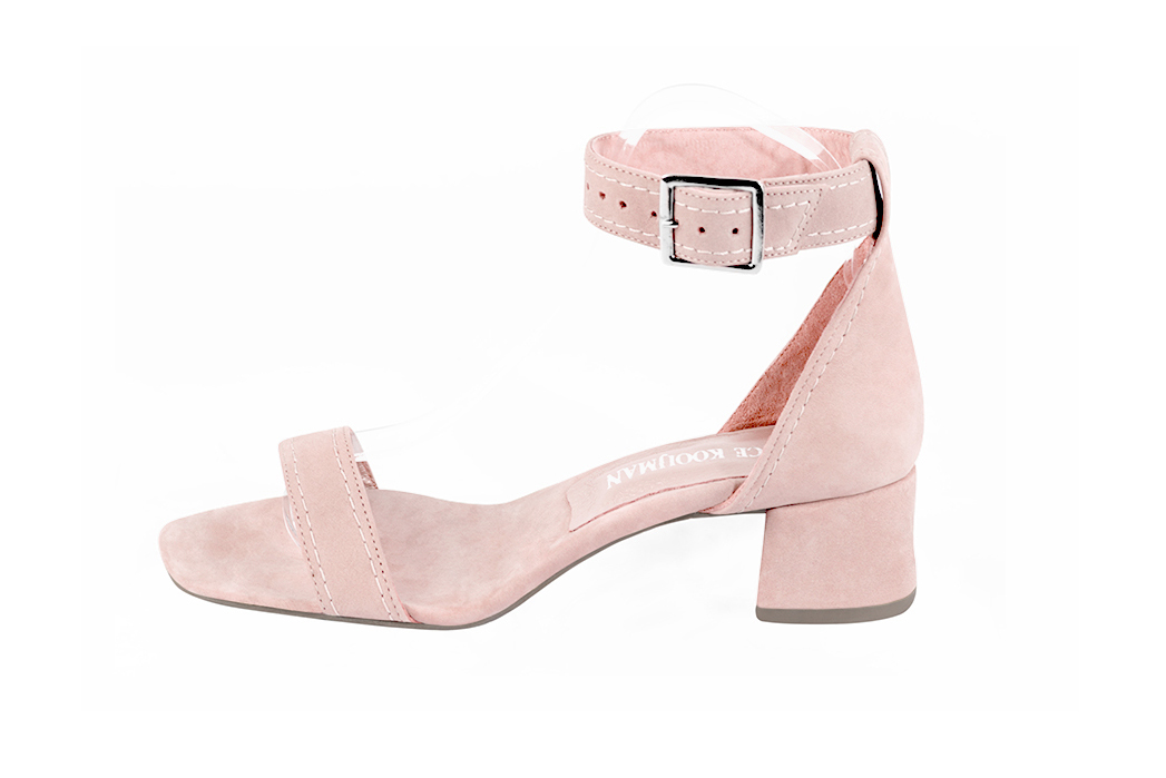 Powder pink elegant sandals with a strap around the ankle. Square toe. Low flare heels. - Florence KOOIJMAN