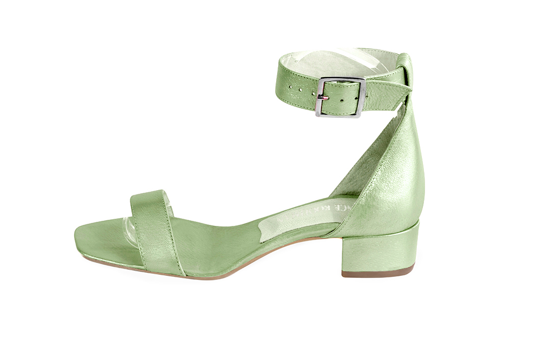 Mint green elegant sandals with a strap around the ankle. Square toe. Low block heels. - Florence KOOIJMAN