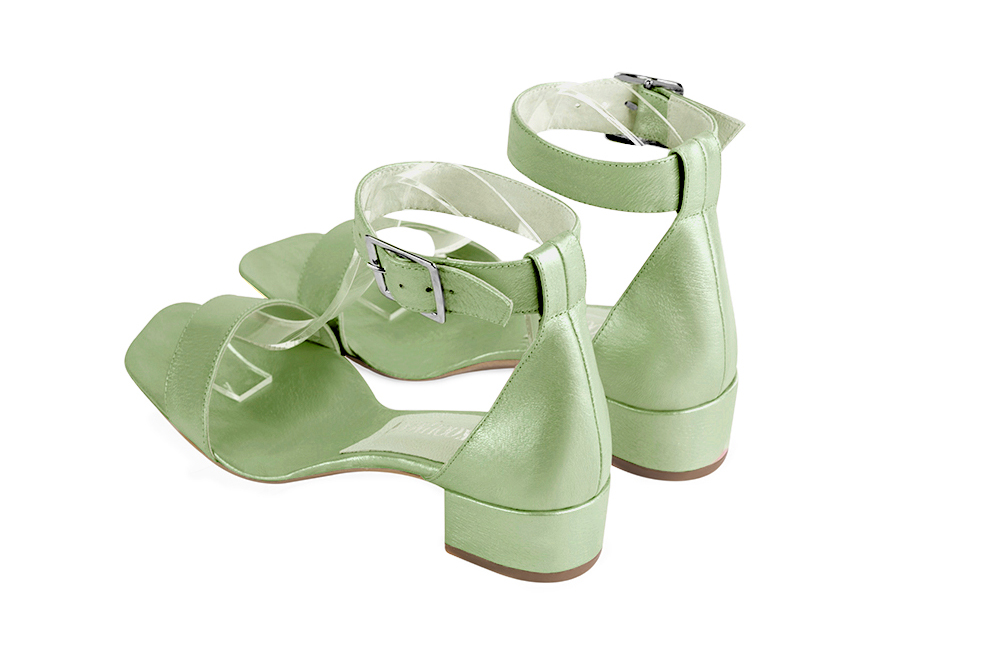 Women's mint green elegant ankle strap sandals. Square toe. Low block heels - Rear view