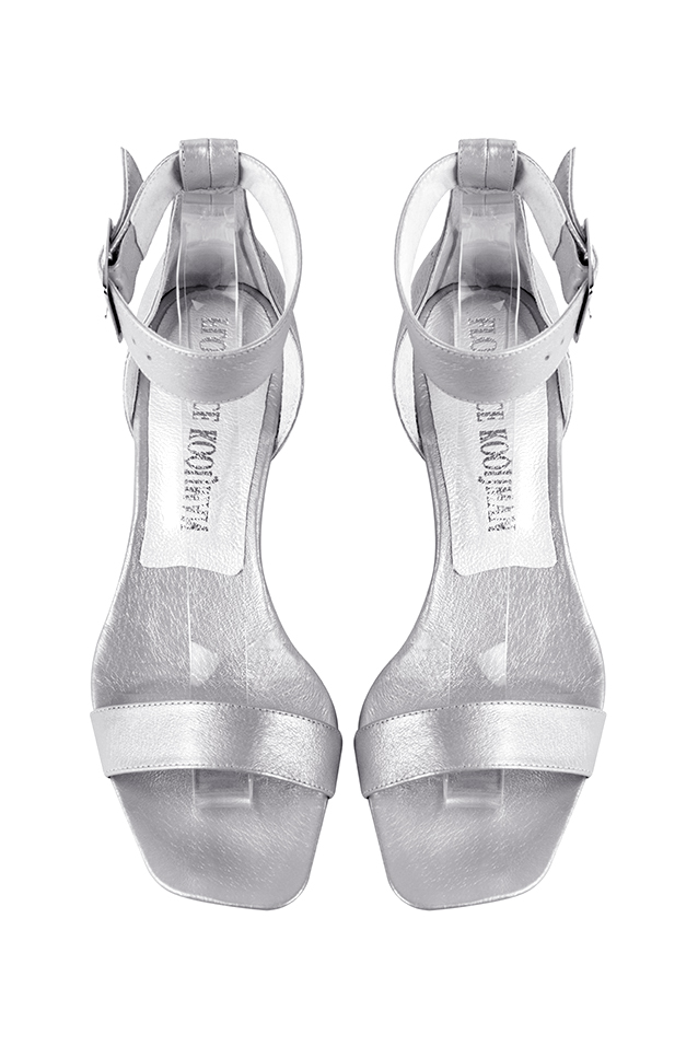 Women's silver ankle strap dress sandals. Square toe. Low block heels - Top view