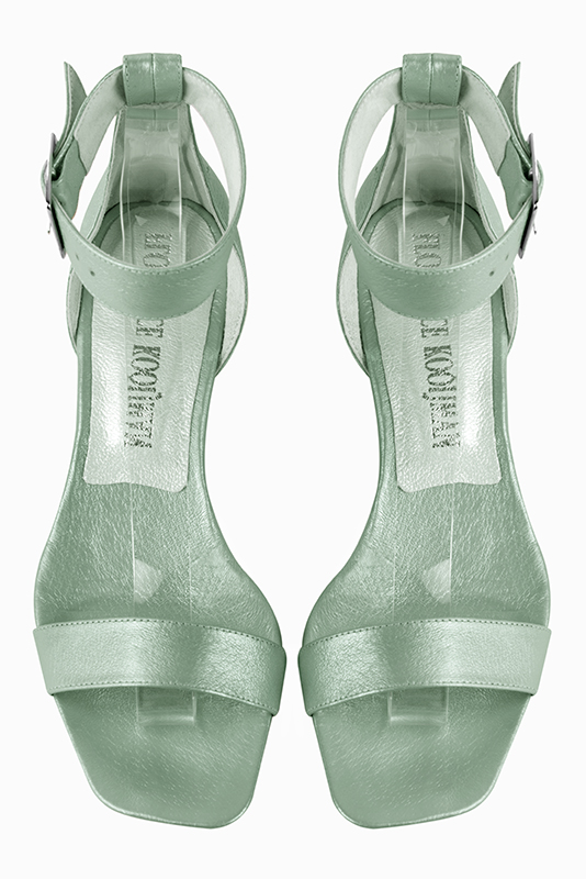 Mint green women's closed back sandals, with a strap around the ankle. Square toe. Low block heels. Top view - Florence KOOIJMAN