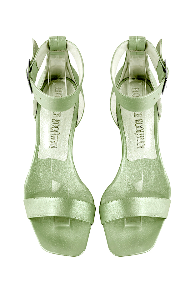 Mint green women's closed back sandals, with a strap around the ankle. Square toe. Low block heels. Top view - Florence KOOIJMAN