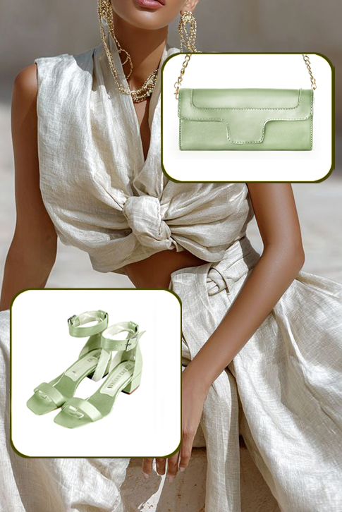 Dress sandals ankle strap in mint green leather with low block heels and square toe - Worn view