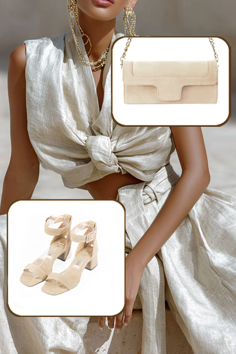 Dress sandals ankle strap in champagne white leather with low flare heels and square toe - Worn view