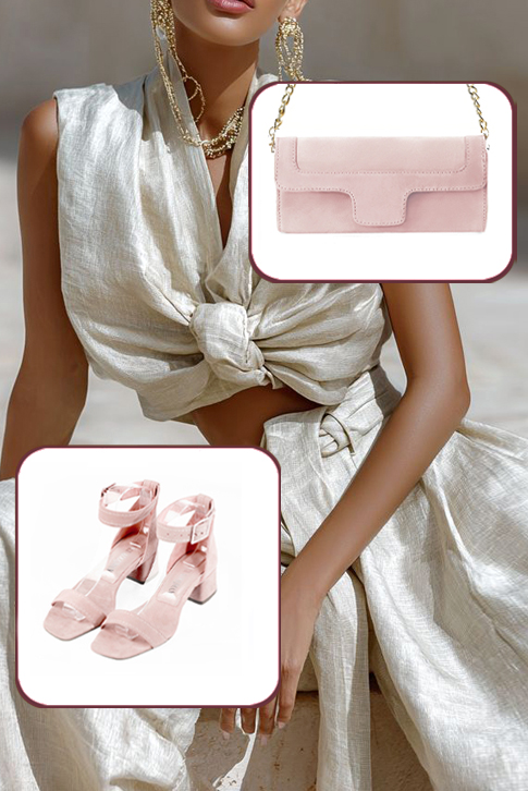 Dress sandals ankle strap in powder pink leather with low flare heels and square toe - Worn view