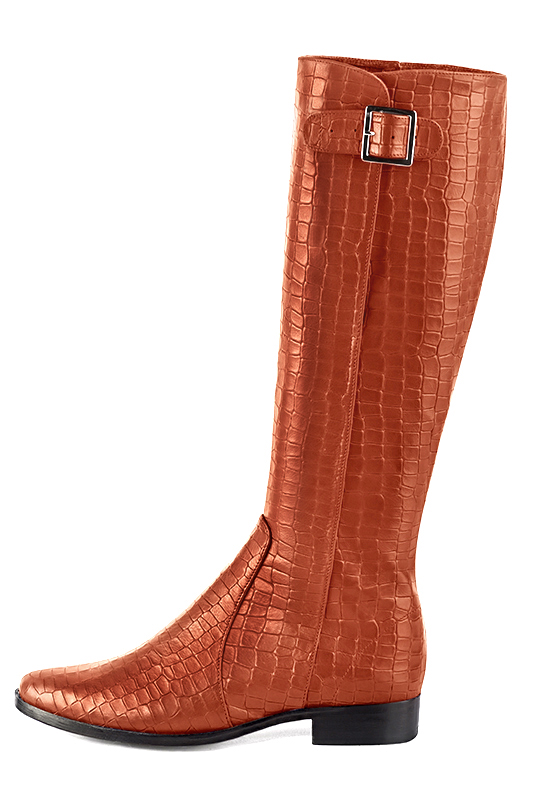 Terracotta orange women's knee-high boots with buckles. Round toe. Flat leather soles. Made to measure. Profile view - Florence KOOIJMAN