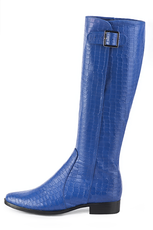 Electric blue women's knee-high boots with buckles. Round toe. Flat leather soles. Made to measure. Profile view - Florence KOOIJMAN