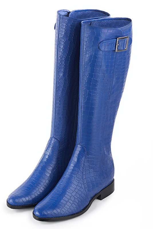 Electric blue women's knee-high boots with buckles. Round toe. Flat leather soles. Made to measure. Front view - Florence KOOIJMAN