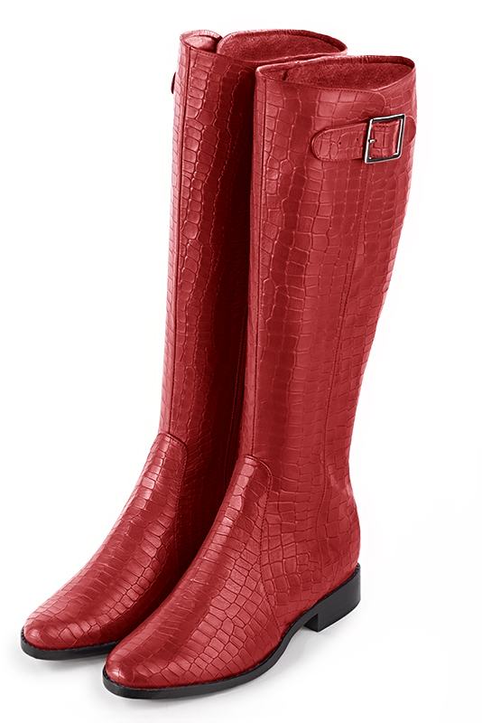 Scarlet red women's knee-high boots with buckles. Round toe. Flat leather soles. Made to measure. Front view - Florence KOOIJMAN