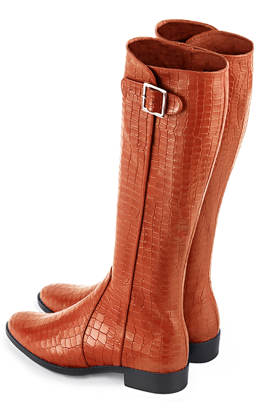 Terracotta orange women's knee-high boots with buckles. Round toe. Flat leather soles. Made to measure. Rear view - Florence KOOIJMAN