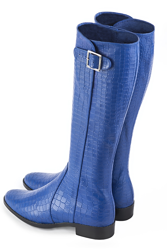 Electric blue women's knee-high boots with buckles. Round toe. Flat leather soles. Made to measure. Rear view - Florence KOOIJMAN