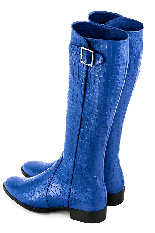 Electric blue women's knee-high boots with buckles. Round toe. Flat leather soles. Made to measure. Rear view - Florence KOOIJMAN