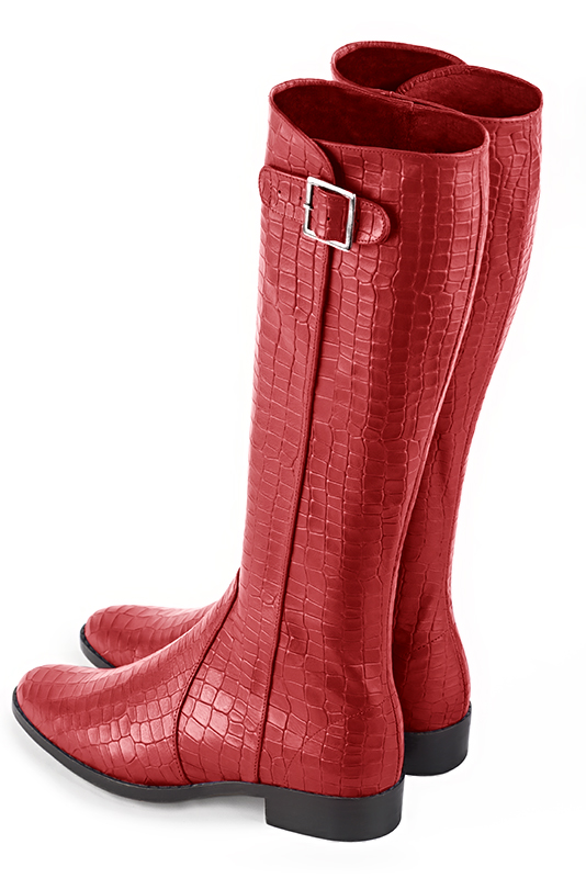 Scarlet red women's knee-high boots with buckles. Round toe. Flat leather soles. Made to measure. Rear view - Florence KOOIJMAN