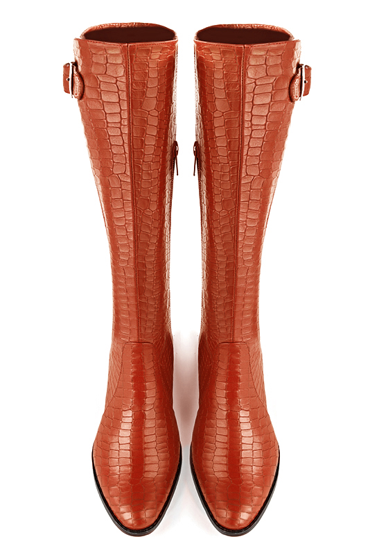 Terracotta orange women's knee-high boots with buckles. Round toe. Flat leather soles. Made to measure. Top view - Florence KOOIJMAN