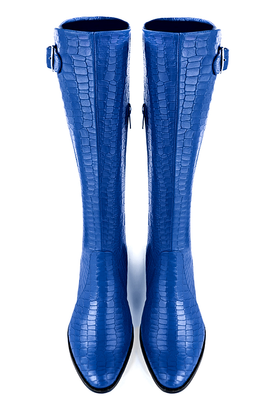 Electric blue women's knee-high boots with buckles. Round toe. Flat leather soles. Made to measure. Top view - Florence KOOIJMAN
