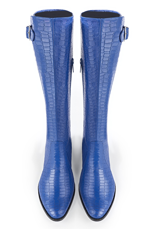 Electric blue women's knee-high boots with buckles. Round toe. Flat leather soles. Made to measure. Top view - Florence KOOIJMAN