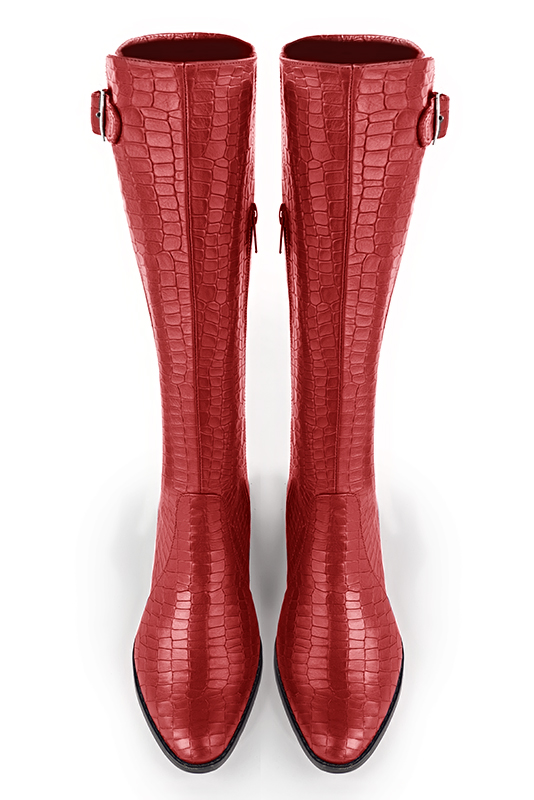 Scarlet red women's knee-high boots with buckles. Round toe. Flat leather soles. Made to measure. Top view - Florence KOOIJMAN