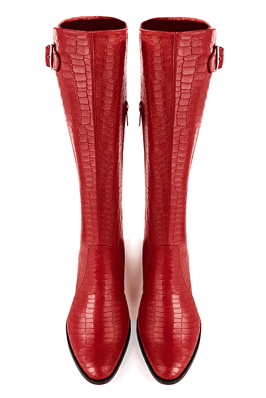 Scarlet red women's knee-high boots with buckles. Round toe. Flat leather soles. Made to measure. Top view - Florence KOOIJMAN