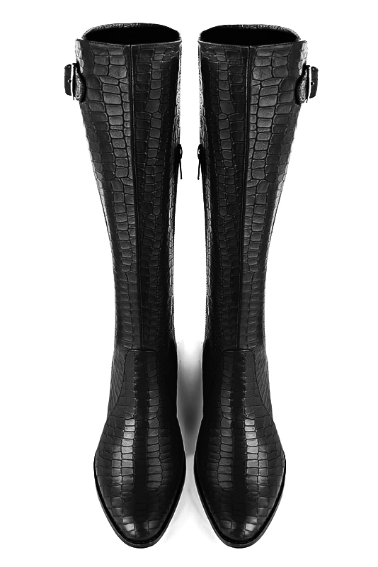 Satin black women's knee-high boots with buckles. Round toe. Flat leather soles. Made to measure. Top view - Florence KOOIJMAN
