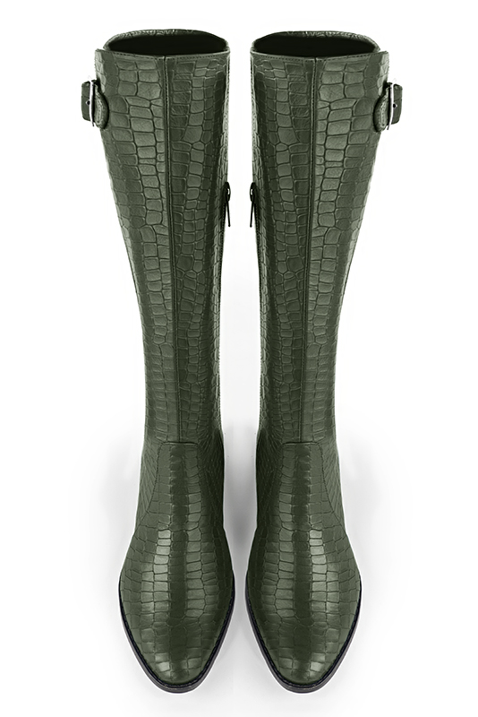 Forest green women's knee-high boots with buckles. Round toe. Flat leather soles. Made to measure. Top view - Florence KOOIJMAN