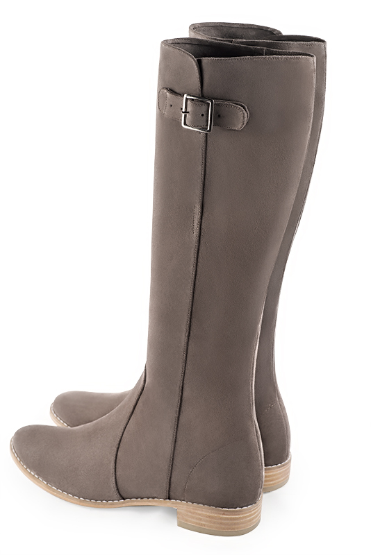 Taupe brown women's knee-high boots with buckles. Round toe. Flat leather soles. Made to measure. Rear view - Florence KOOIJMAN