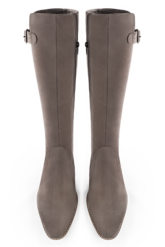 Taupe brown women's knee-high boots with buckles. Round toe. Flat leather soles. Made to measure. Top view - Florence KOOIJMAN