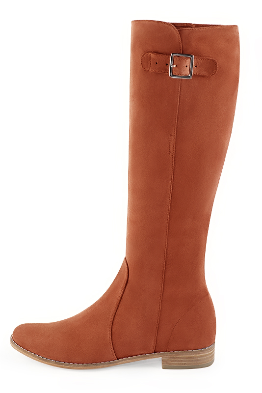 Terracotta orange women's knee-high boots with buckles. Round toe. Flat leather soles. Made to measure. Profile view - Florence KOOIJMAN
