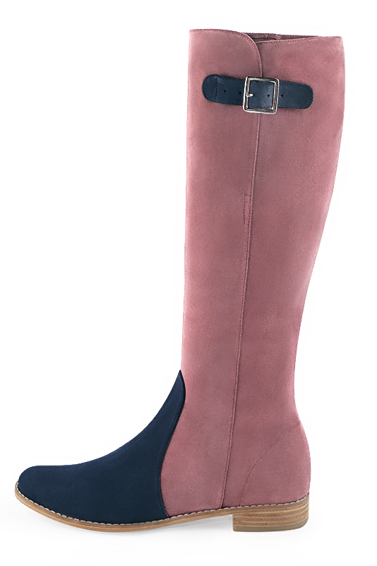 Navy blue and dusty rose pink women's knee-high boots with buckles. Round toe. Flat leather soles. Made to measure. Profile view - Florence KOOIJMAN
