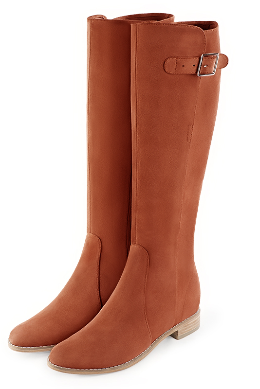 Terracotta orange women's knee-high boots with buckles. Round toe. Flat leather soles. Made to measure. Front view - Florence KOOIJMAN