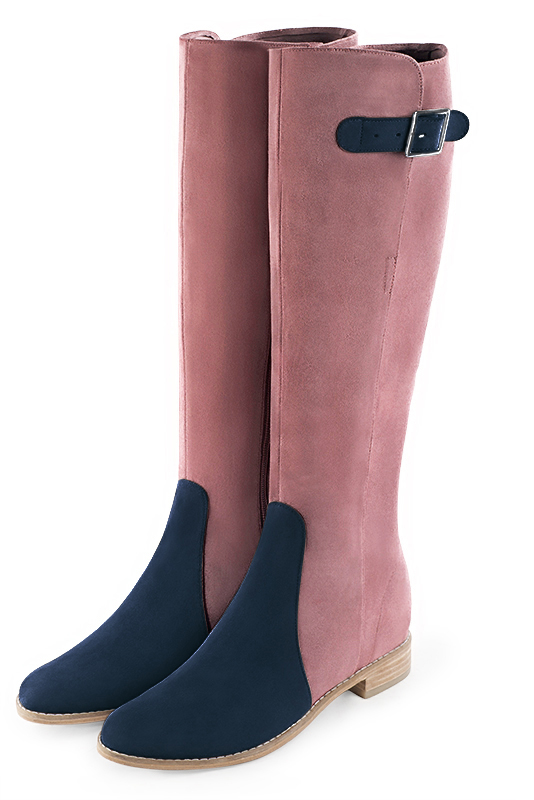 Navy blue and dusty rose pink women's knee-high boots with buckles. Round toe. Flat leather soles. Made to measure. Front view - Florence KOOIJMAN