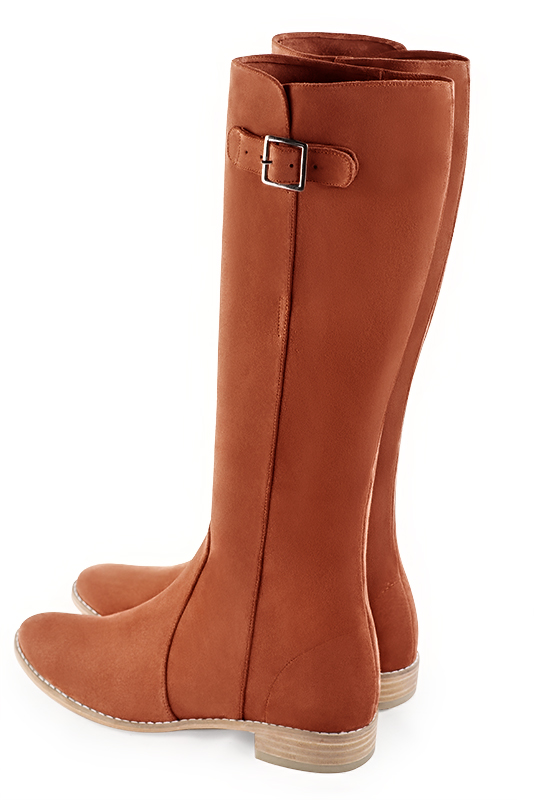 Terracotta orange women's knee-high boots with buckles. Round toe. Flat leather soles. Made to measure. Rear view - Florence KOOIJMAN