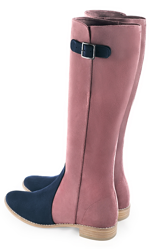 Navy blue and dusty rose pink women's knee-high boots with buckles. Round toe. Flat leather soles. Made to measure. Rear view - Florence KOOIJMAN