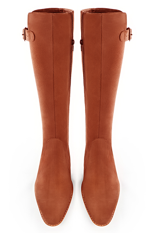 Terracotta orange women's knee-high boots with buckles. Round toe. Flat leather soles. Made to measure. Top view - Florence KOOIJMAN