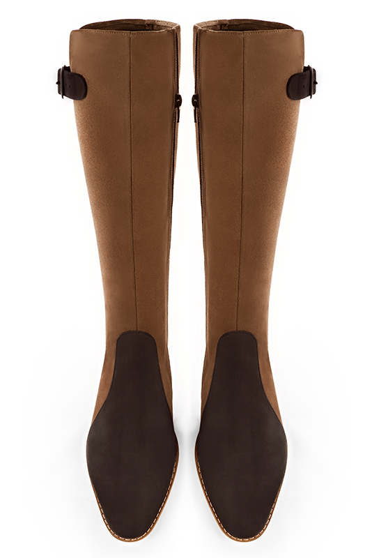 Dark brown women's knee-high boots with buckles. Round toe. Flat leather soles. Made to measure. Top view - Florence KOOIJMAN